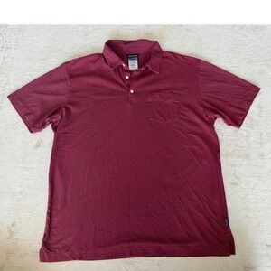 Patagonia Mens Organic Cotton Striped Polo Shirt Red Navy Blue Large Pocket
